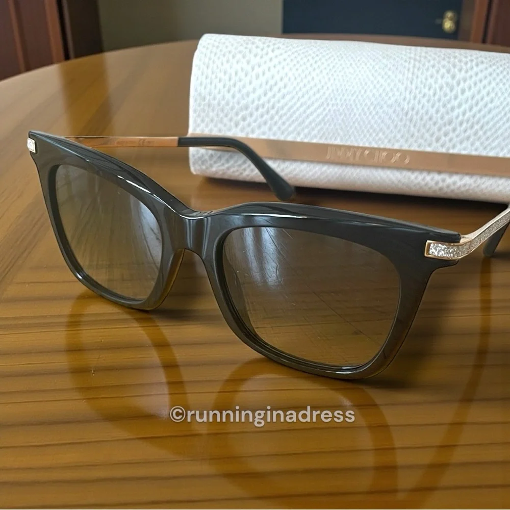 New In Case Jimmy Choo Olye Square Sunglasses In Black & Gold Glitter Accent